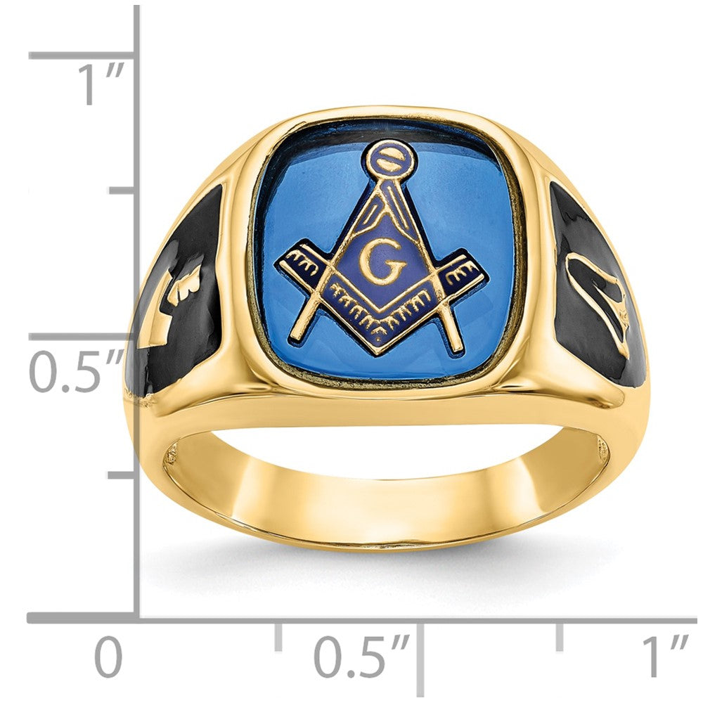 10K Yellow Gold Men'S Polished, Antiqued And Textured With Imitation Blue Spinel Masonic Ring