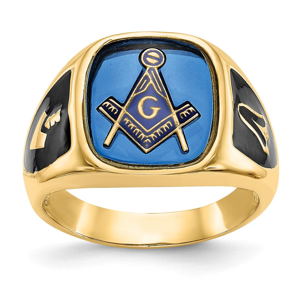10K Yellow Gold Men'S Polished, Antiqued And Textured With Imitation Blue Spinel Masonic Ring