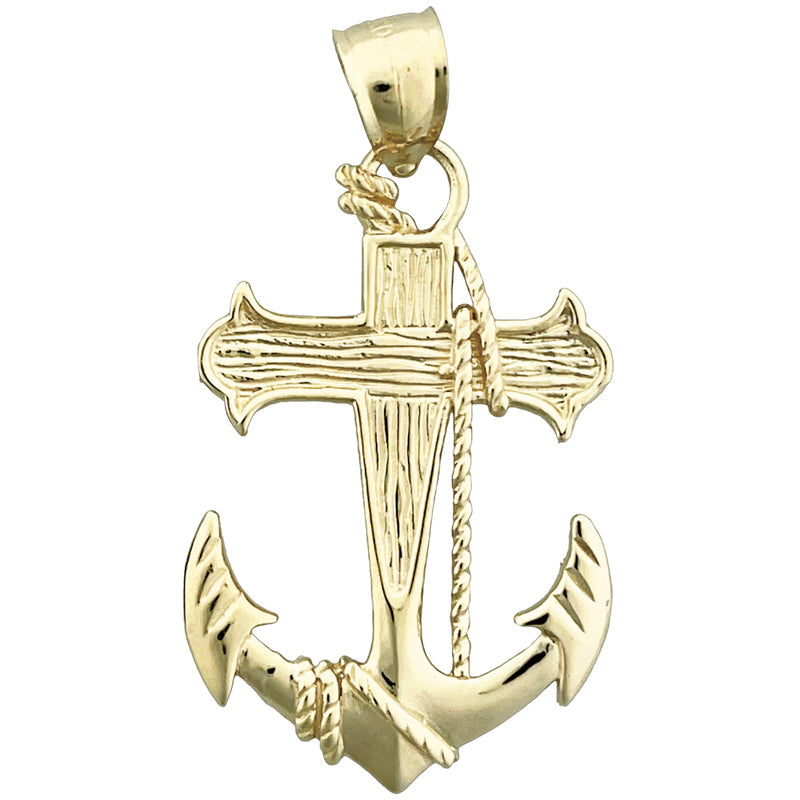 14K Gold Sailor Rope, Cross and Ship Anchor Pendant