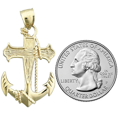 14K Gold Sailor Rope, Cross and Ship Anchor Pendant