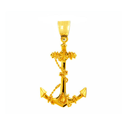 14K Gold 3D Ship Anchor with Sailor Rope Pendant