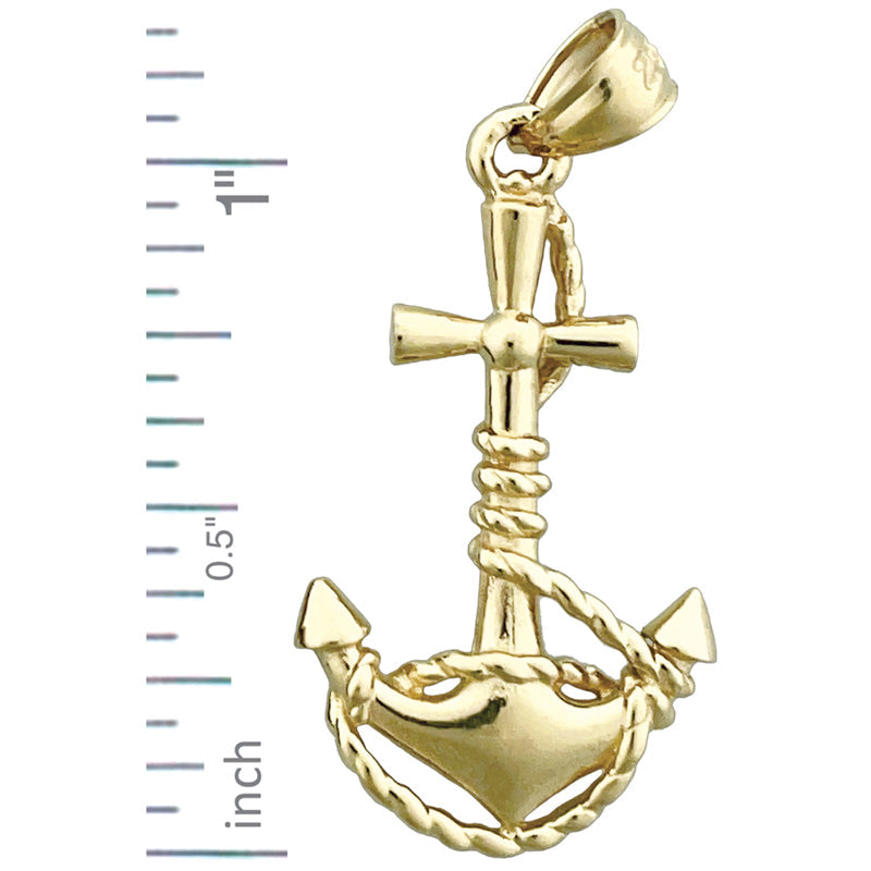 14K Gold 3D Nautical Ship Anchor &amp; Rope Pendant