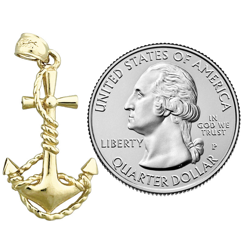 14K Gold 3D Nautical Ship Anchor &amp; Rope Pendant