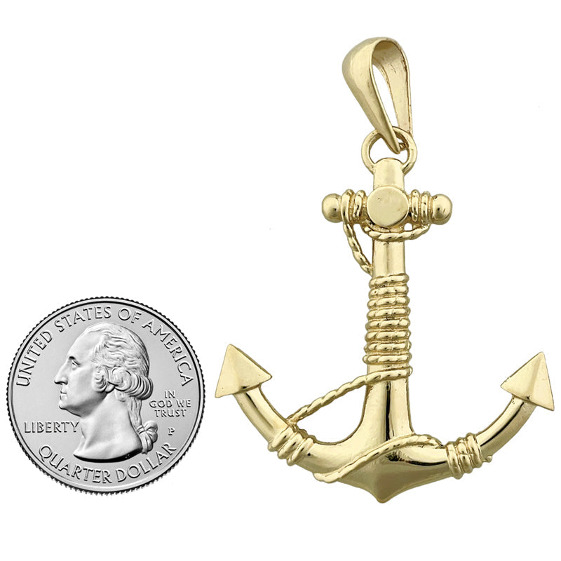 14K Gold 3-D Ship Anchor and Sailor Rope Pendant