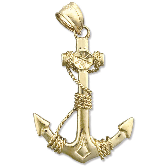 14K Gold 3D Ship Anchor and Sailor Rope Pendant
