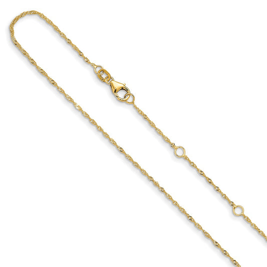 18 Inch 14K Yellow Gold 1.25mm Singapore 1In+1In Adjustable Chain Necklace
