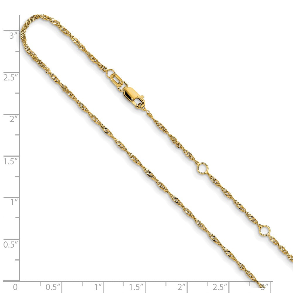 2 Inch 14K Yellow Gold 1.5mm Singapore 1In+1In Adjustable Chain Necklace