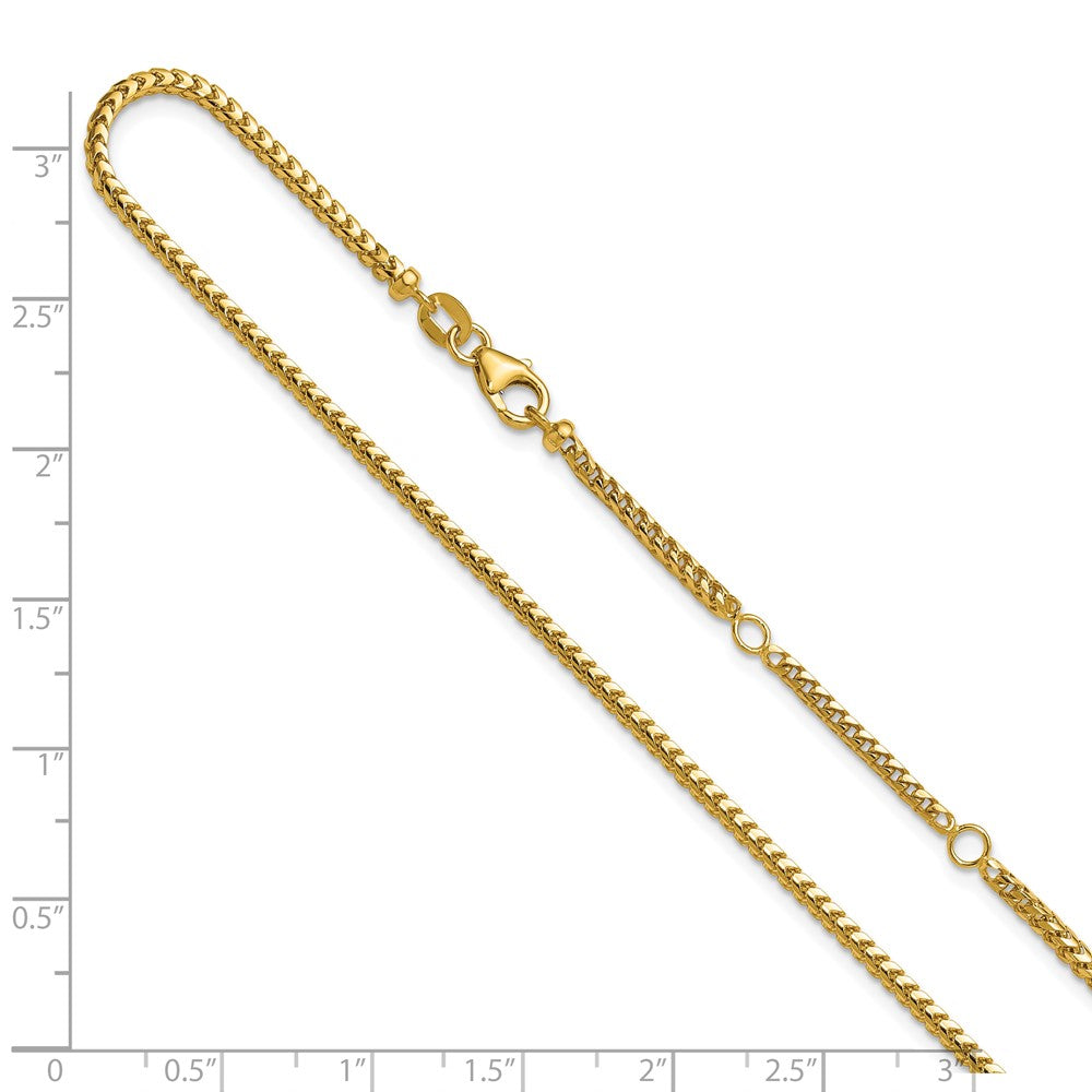 2 Inch 14K Yellow Gold 2.1mm D/C Open Franco 1In+1In Adjustable Chain Necklace