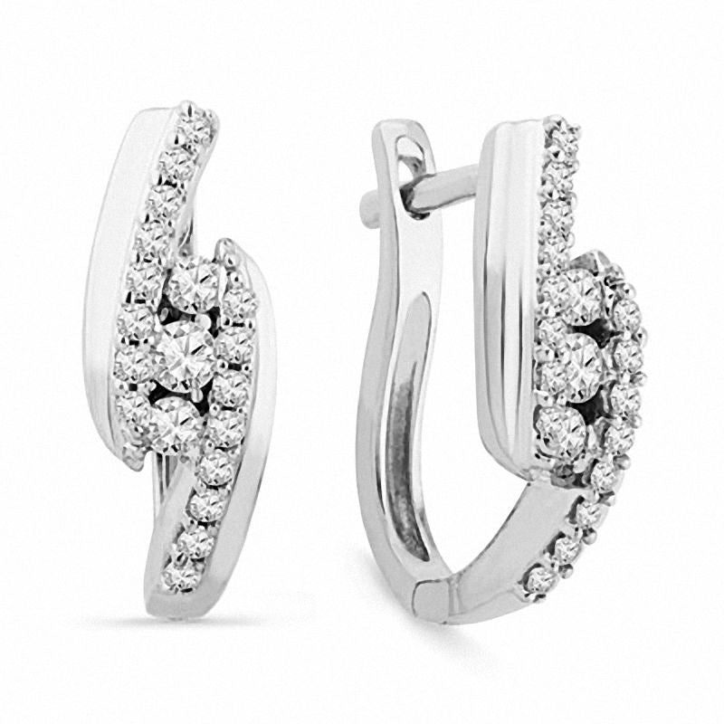 0.5 CT. T.W. Diamond Three Stone Hoop Earrings in 10K White Gold
