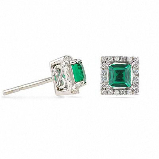 Princess-Cut Lab-Created Emerald and 0.1 CT. T.W Diamond Earrings in 10K White Gold