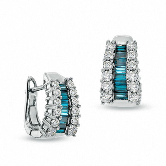 1.5 CT. T.W. Enhanced Blue Baguette and White Diamond Hoop Earrings in 14K White Gold