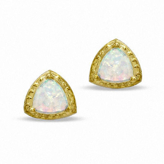 7.0mm Trillion-Cut Lab-Created Opal Stud Earrings in 10K Gold