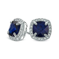 7.0mm Cushion-Cut Lab-Created Blue and White Sapphire Frame Stud Earrings in Sterling Silver