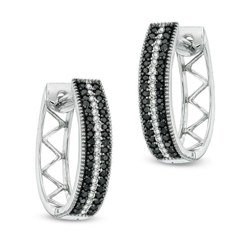 0.33 CT. T.W. Black Enhanced and White Diamond Stripe Oval Hoop Earrings in 10K White Gold