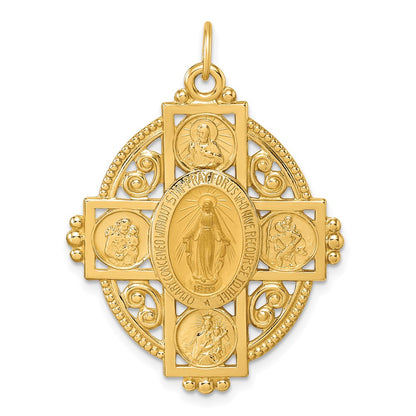 14K Yellow Gold Polished Miraculous Medal and Four-way Cross in Filigree Oval Pendant
