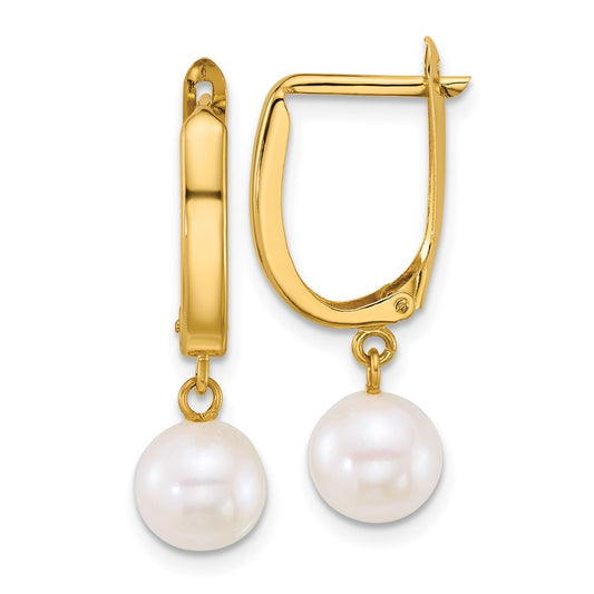 14K Yellow Gold Polished 7-8mm Round Freshwater Cultured Pearl Dangle Hoop Earrings