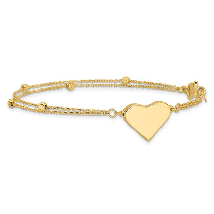 14K Yellow Gold Polished 11x18mm Heart and Diamond-cut Beaded 2-Strand 7.5 Inch Bracelet
