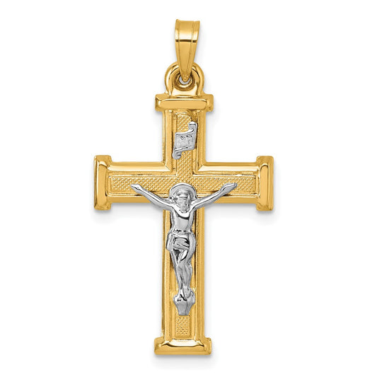 14K Yellow Gold with Rhodium Polished and Textured INRI Crucifix Cross Pendant