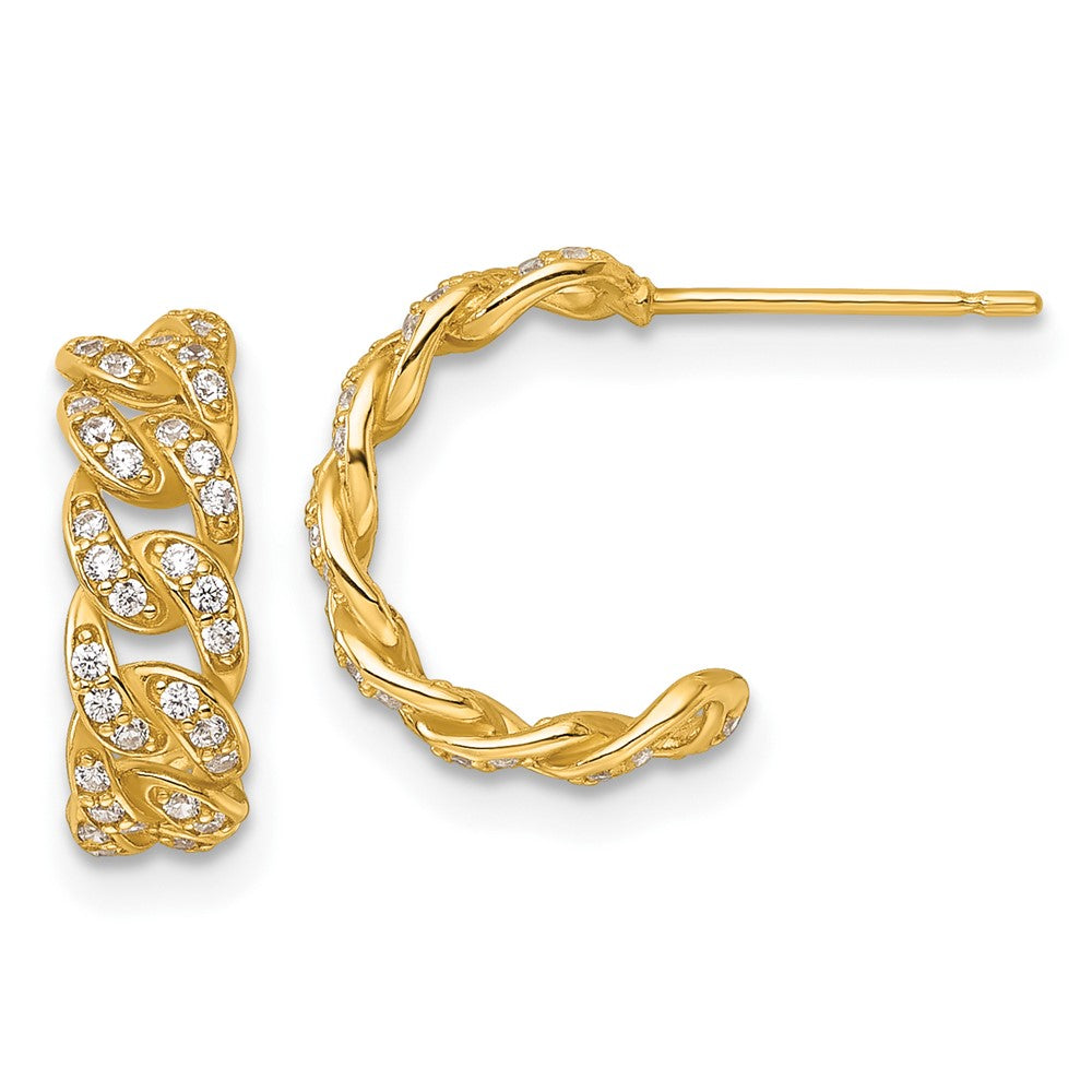 14K Yellow Gold Polished CZ Curb Link C-Hoop Post Earrings