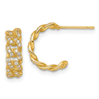 14K Yellow Gold Polished CZ Curb Link C-Hoop Post Earrings