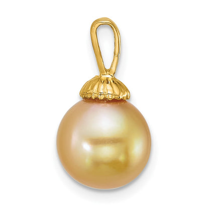14K Yellow Gold Polished 9-10mm Round Golden South Sea Saltwater Cultured Pearl Pendant