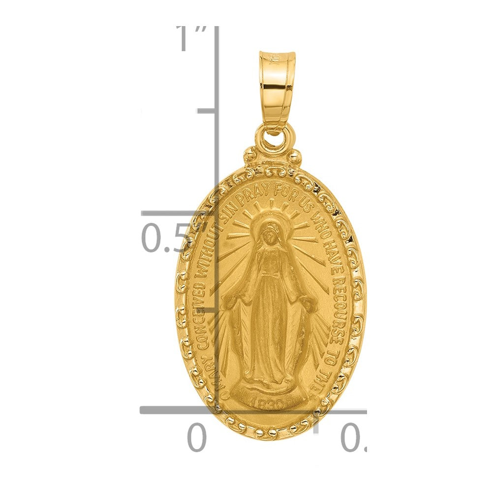 14K Yellow Gold Polished and Satin Solid Miraculous Medal Oval Pendant