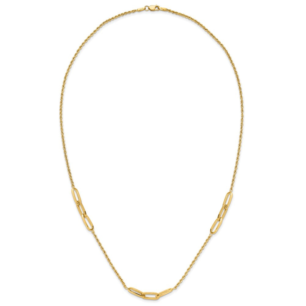 14K Yellow Gold Polished Oval Link and Diamond-cut Rope 3-Station 20.25 Inch Necklace