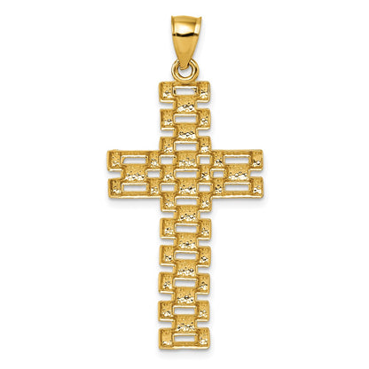 14K Yellow Gold Polished Diamond-cut Textured Fancy Link Design Latin Cross Pendant