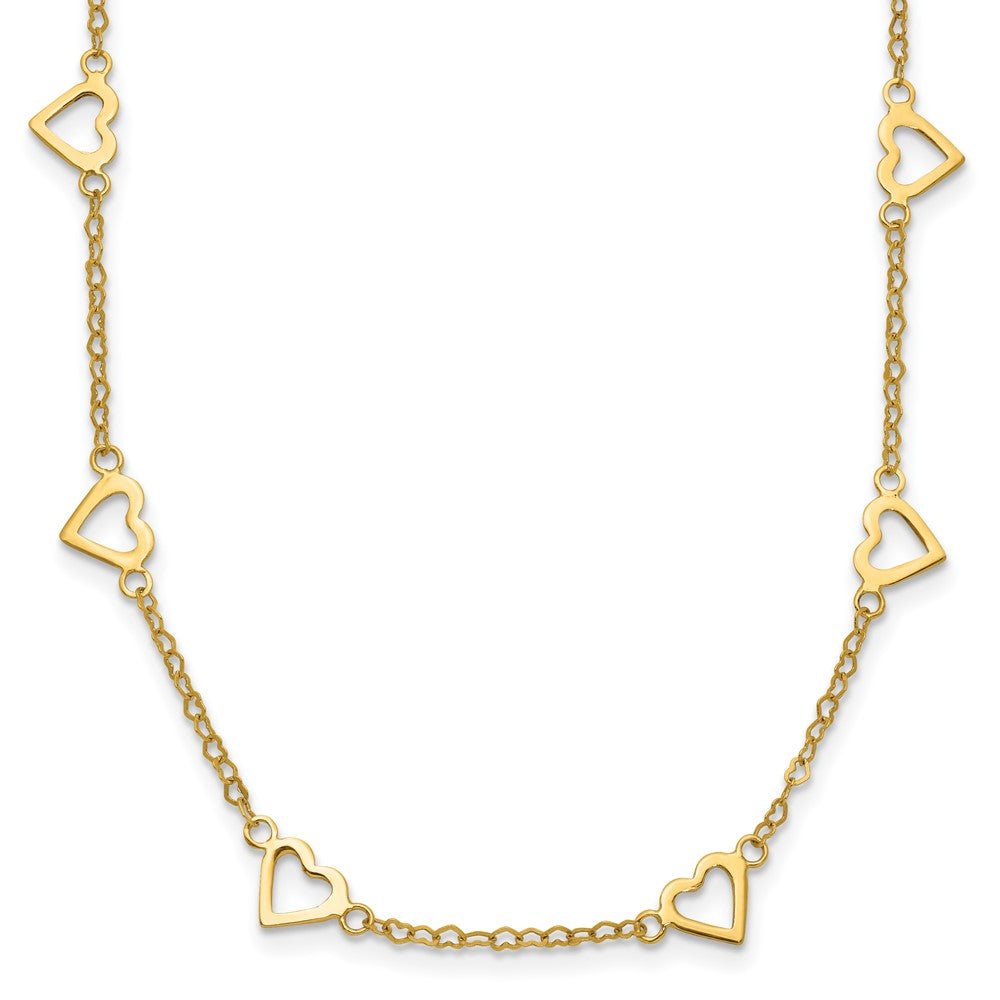 14K Yellow Gold Polished Open Hearts with Heart Link Chain 24 Inch Station Necklace