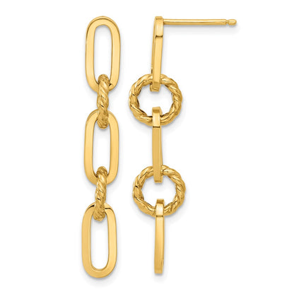 14K Yellow Gold Polished and Textured Chain Link Dangle Post Earrings