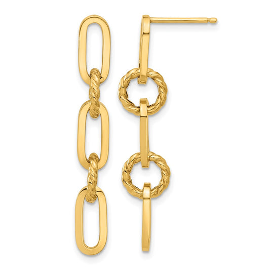 14K Yellow Gold Polished and Textured Chain Link Dangle Post Earrings