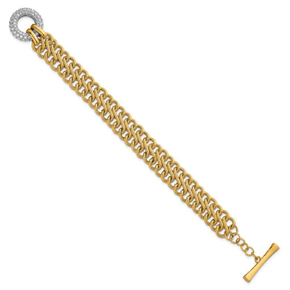 14K Yellow Gold with Rhodium 12.25mm Textured Fancy Chain with CZ Toggle 7.5 Inch Bracelet