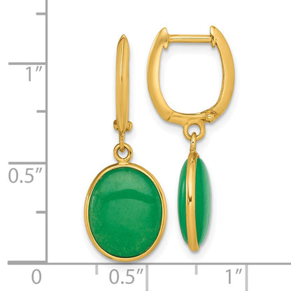 14K Yellow Gold Polished Oval Jade Cabochon Dangle Hinged Hoop Earrings