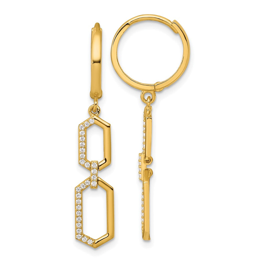 14K Yellow Gold Polished CZ Hexagon Dangle Round Hinged Hoop Earrings