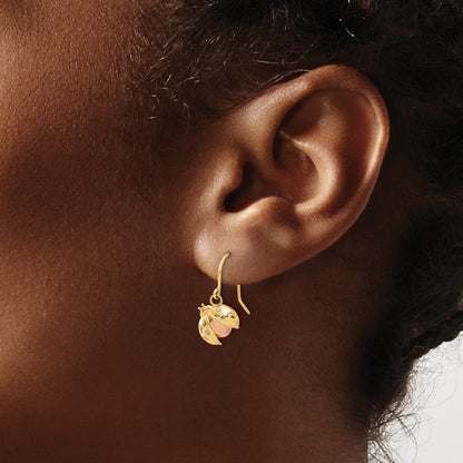14K Yellow Gold with and Rhodium Diamond-cut Ladybug Dangle French Hook Earrings