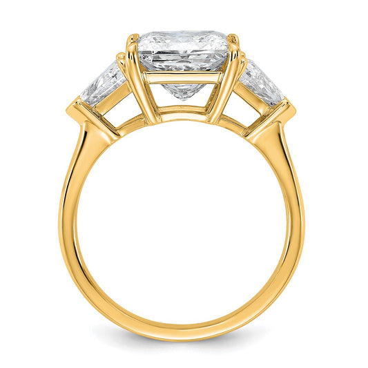 14K Yellow Gold 1 1/8 carat Lab Grown Diamond VS+ F+ Trillion and 3 carat Princess Center Semi Mount Three Stone Engagement Ring