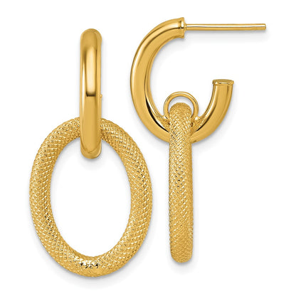 14K Yellow Gold Polished and Textured Oval Dangle C-Hoop Post Earrings