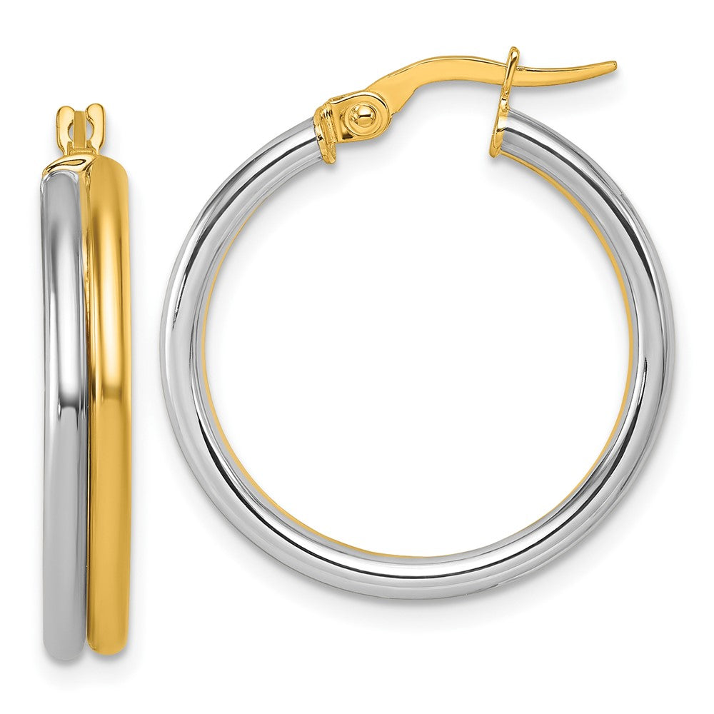 14K Yellow Gold with Rhodium Polished 4.00mm x 24mm Round Hoop Earrings