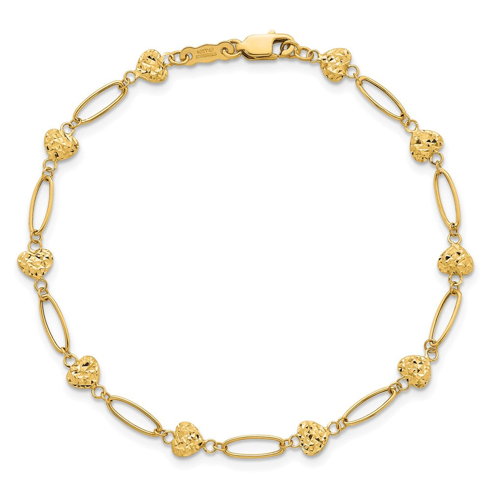 14K Yellow Gold Polished Oval Links with Diamond-cut Puffed Hearts 7.5 Inch Bracelet