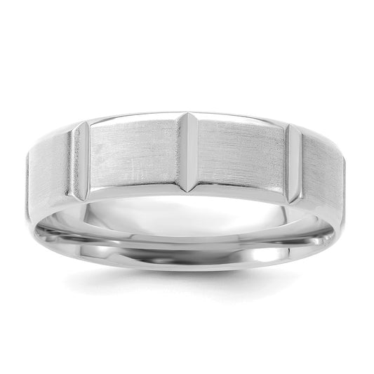 14K White Gold 6mm Lightweight Comfort Fit Brushed/Polished Beveled Edge with Vertical Lines Wedding Band Ring