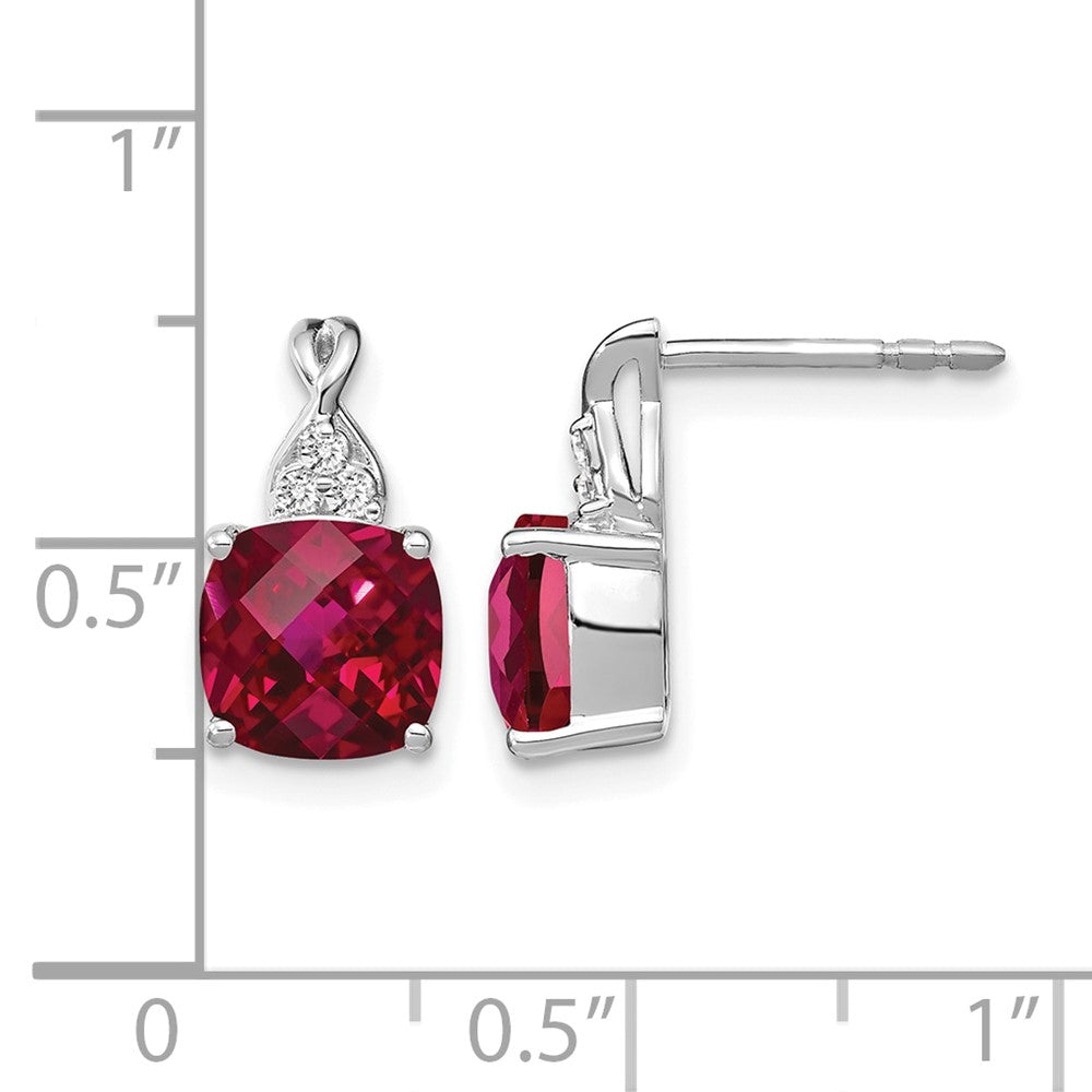 14K White Gold 7mm Cushion Checkerboard July/Lab Created Ruby and Diamond Post Earrings