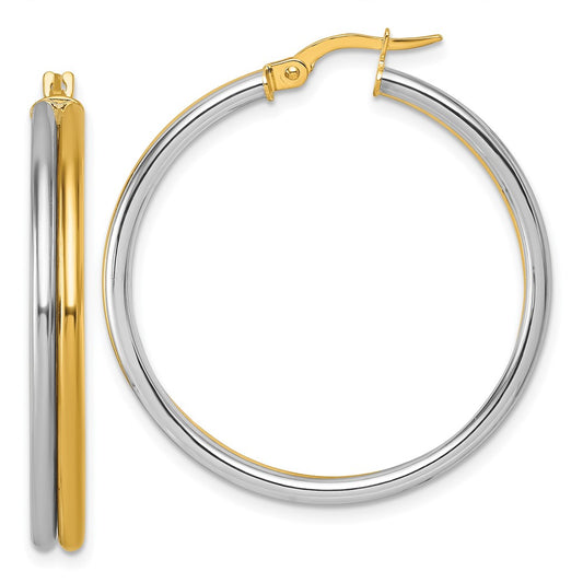 14K Yellow Gold with Rhodium Polished 4.00mm x 35mm Round Hoop Earrings