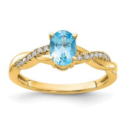 14K Yellow Gold 7x5 Oval December/Blue Topaz and Diamond Size 7 Ring