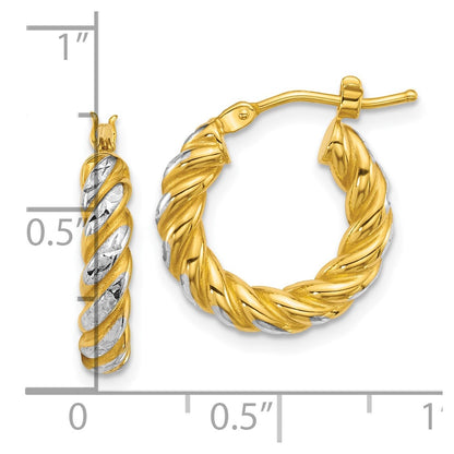 14K Yellow Gold with Rhodium Polished Diamond-cut Twisted 3.75mm Tube Hoop Earrings
