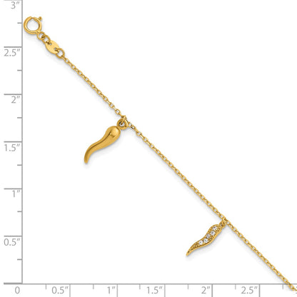 14K Yellow Gold Polished CZ Three Italian Horn Dangles 5.75 Inch Childrens Bracelet Plus 0.75 Inch Extender