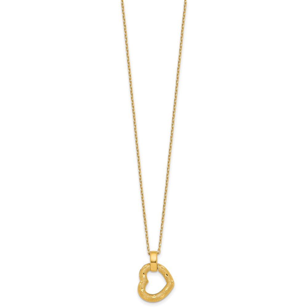 14K Yellow Gold Polished Textured and Diamond-cut Fancy Heart Pendant 16 Inch Necklace with 2.25 Inch Extender