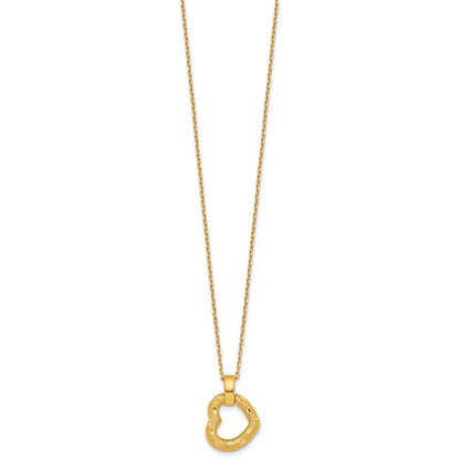 14K Yellow Gold Polished Textured and Diamond-cut Fancy Heart Pendant 16 Inch Necklace with 2.25 Inch Extender