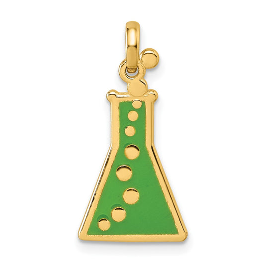 14K Yellow Gold Polished Green Enameled Erlenmeyer Flask Pendant