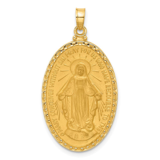 14K Yellow Gold Polished and Satin Solid Miraculous Medal Oval Pendant