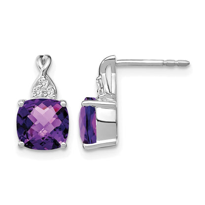 14K White Gold 7mm Cushion Checkerboard February/Amethyst and Diamond Post Earrings